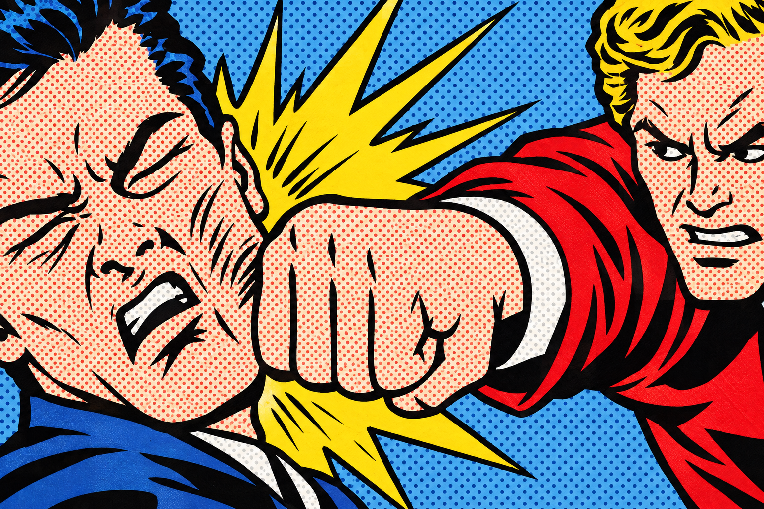 Two comic-book fighters collide in a punch.